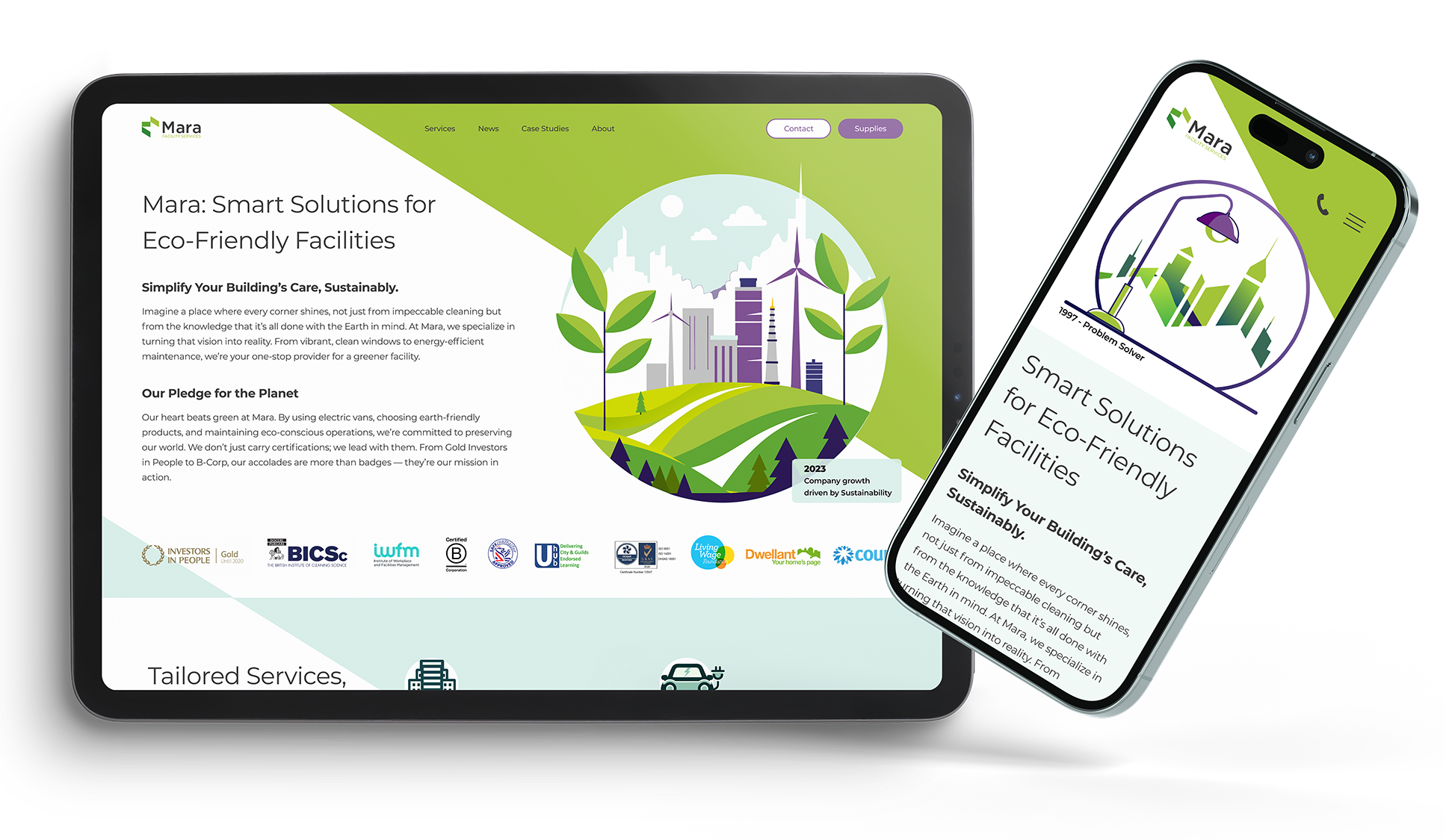 Mara Facility Services homepage on tablet and phone