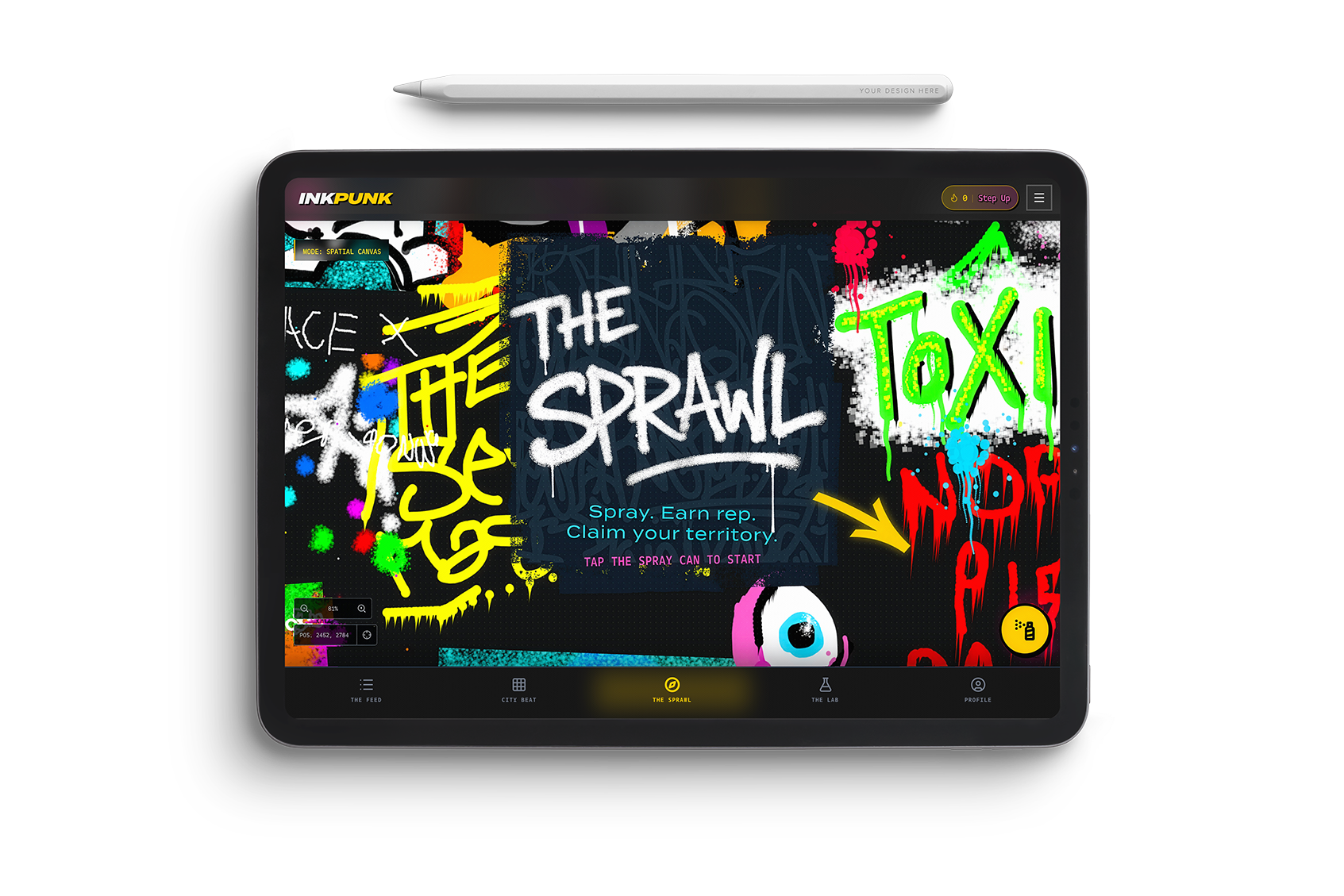 InkPunk app showing an illustrated urban scene with interactive storytelling elements