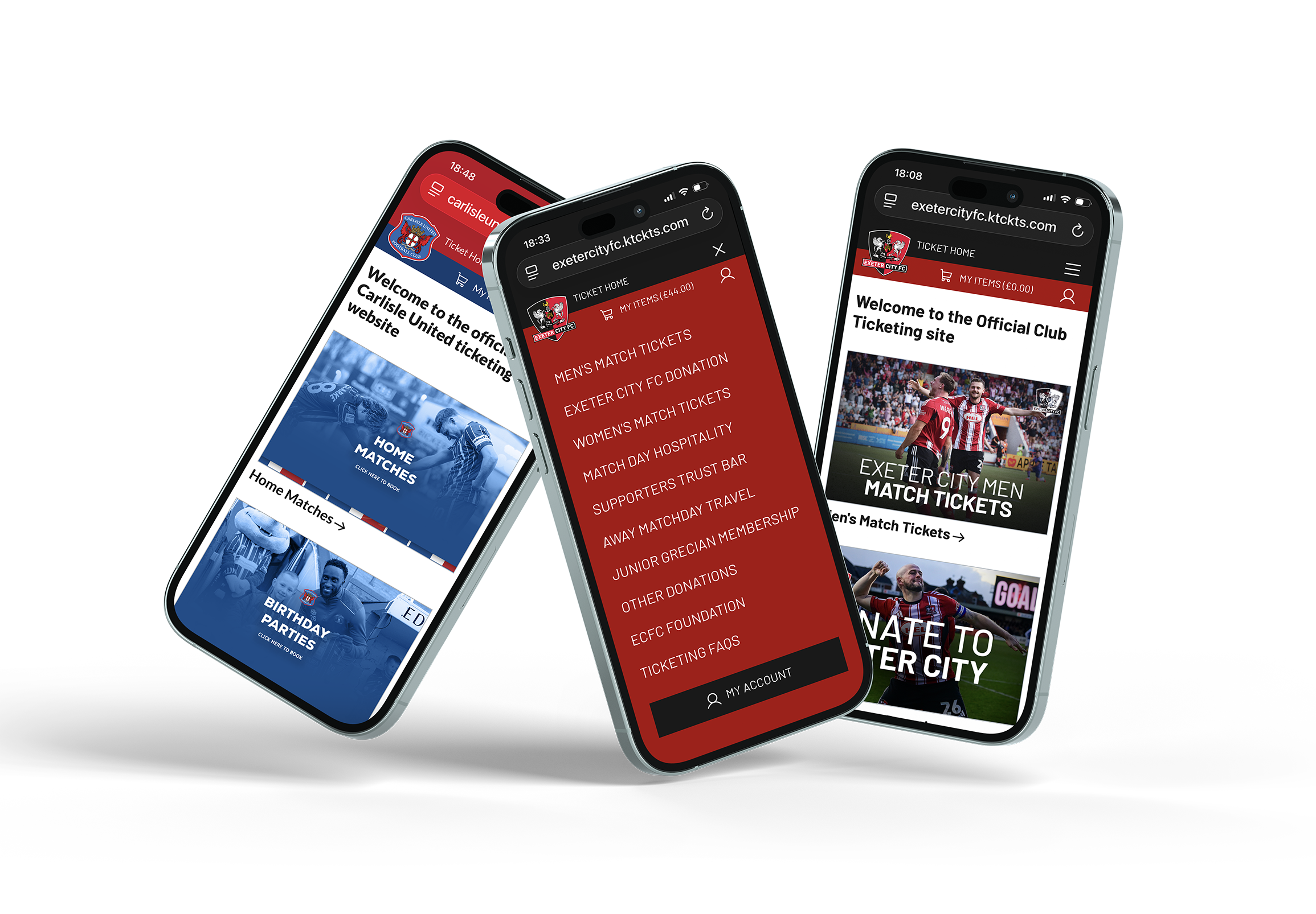 Kaizen Ticketing mobile app showing football ticket purchase flow on two devices