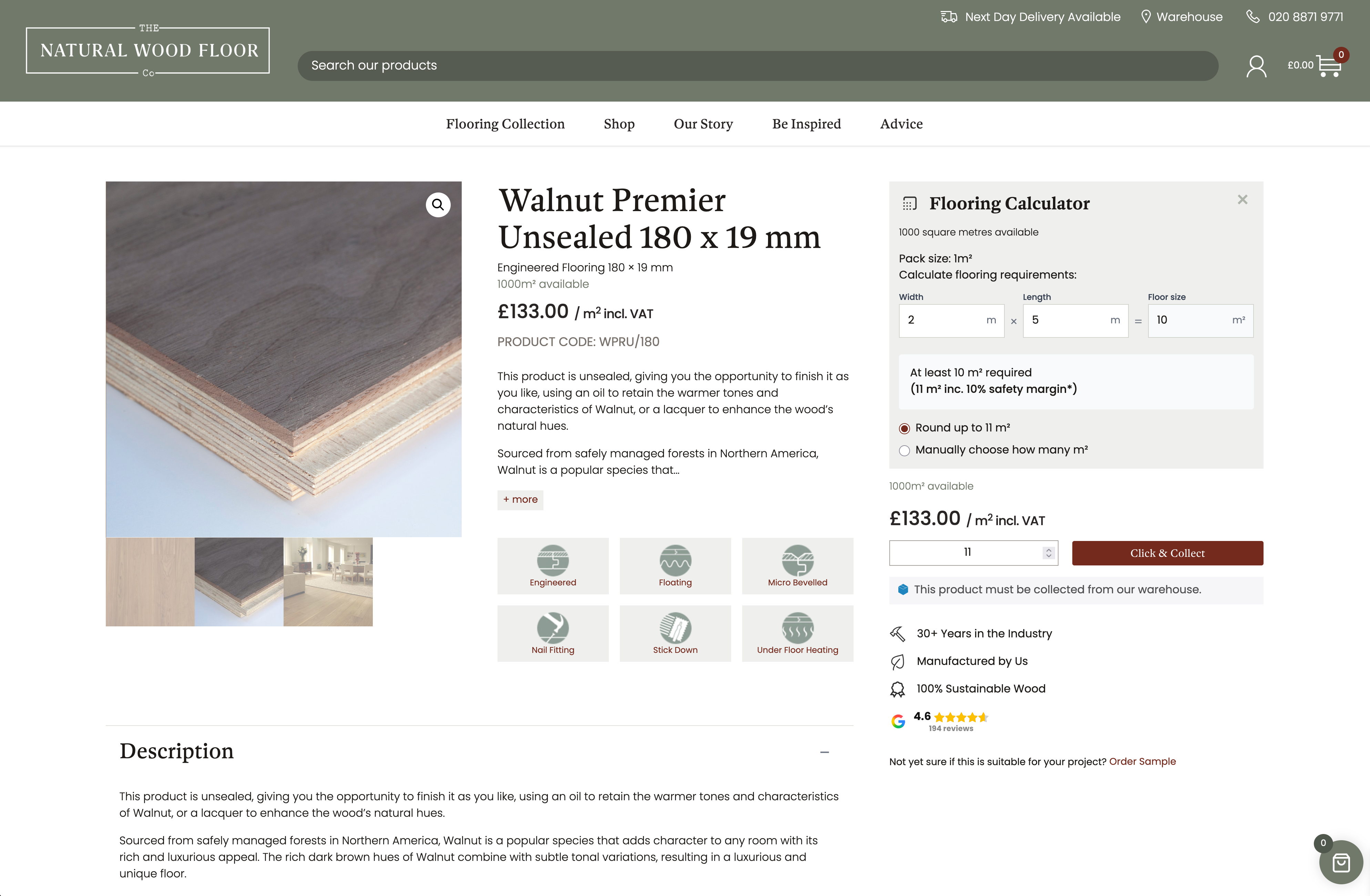 The Natural Wood Floor Company product page showing engineered oak flooring with pricing and options