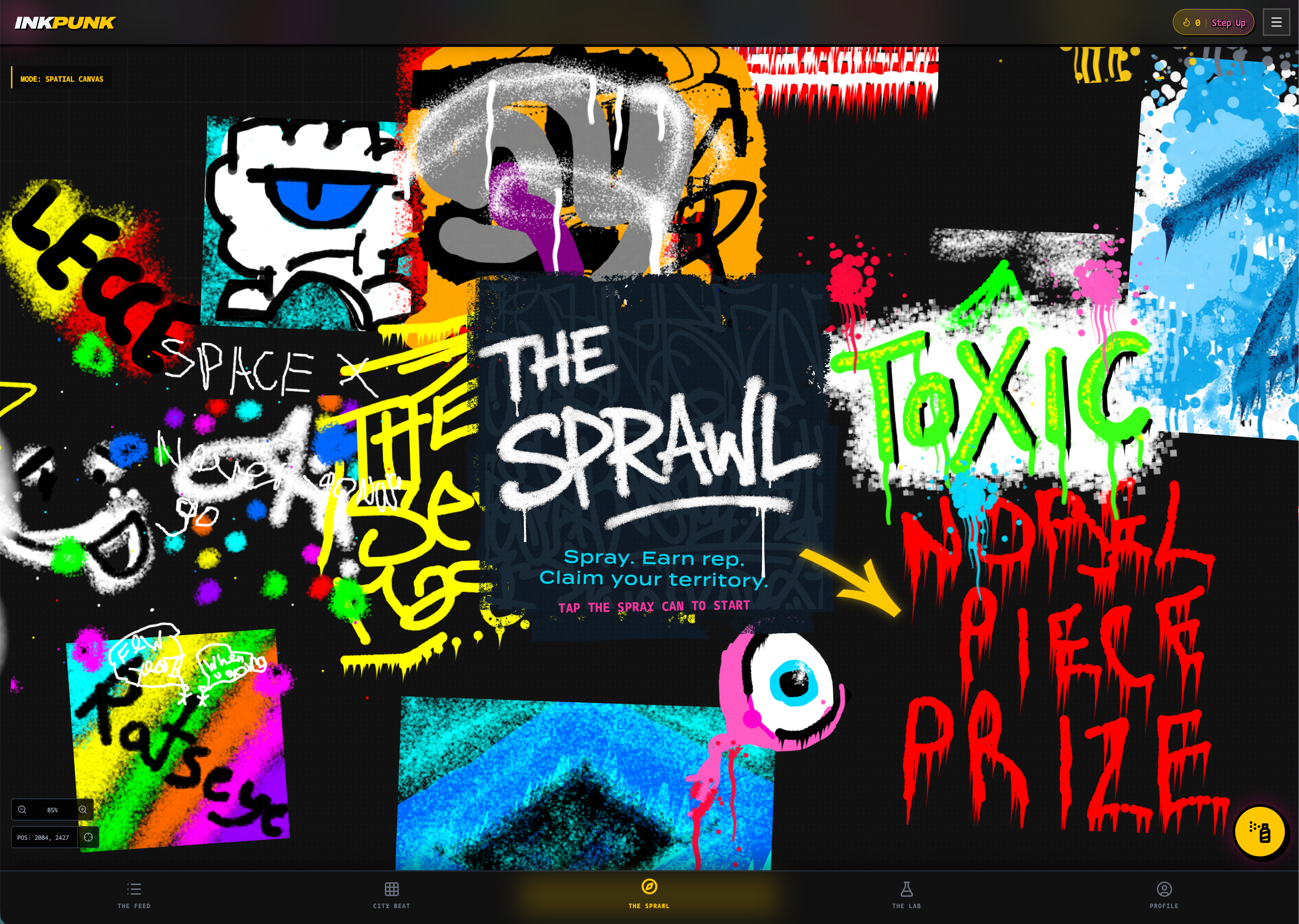 InkPunk app showing an illustrated urban scene with interactive storytelling elements