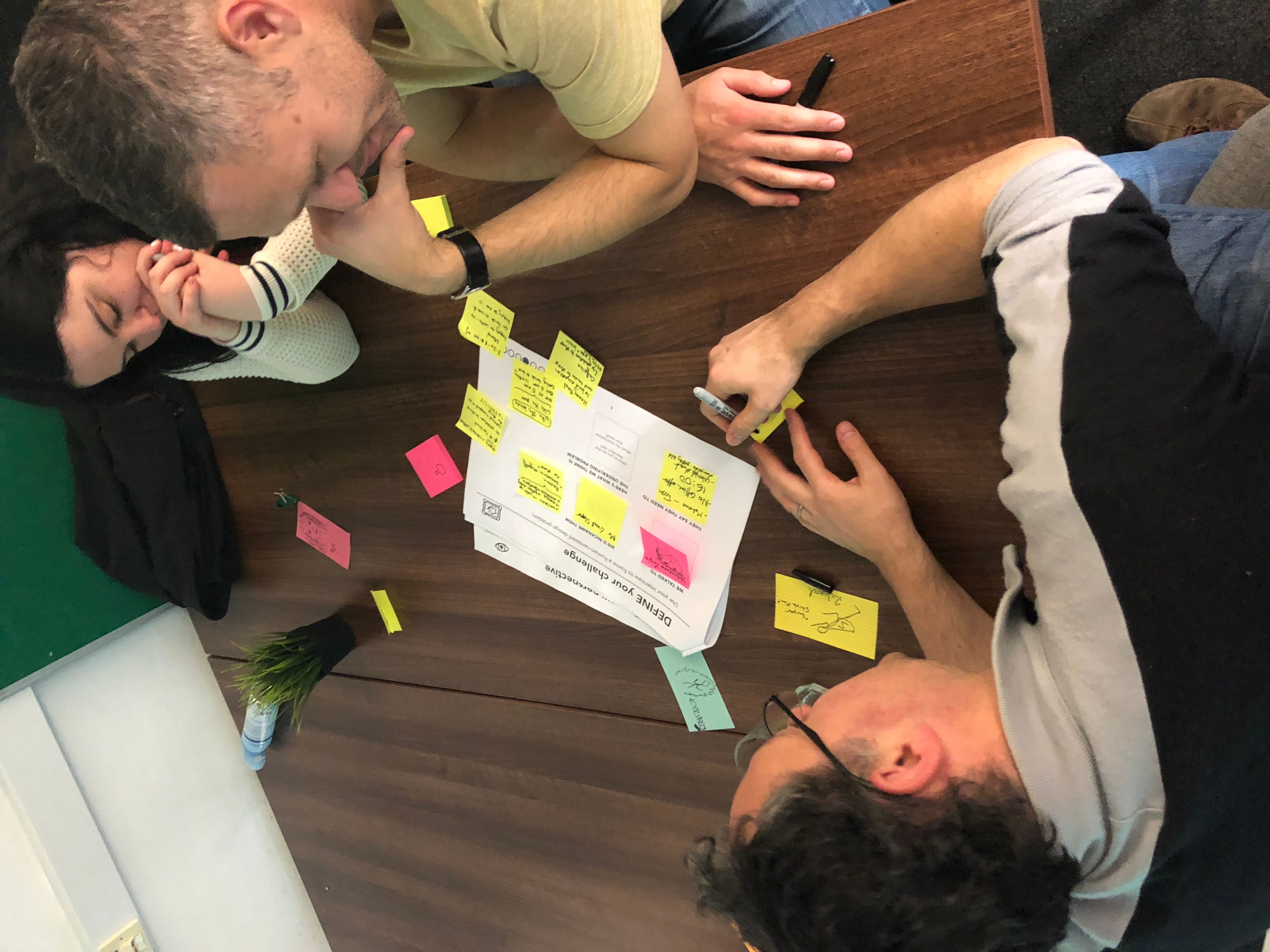 Participants at the Wimbletech Design Lab workshop collaborating around post-it notes