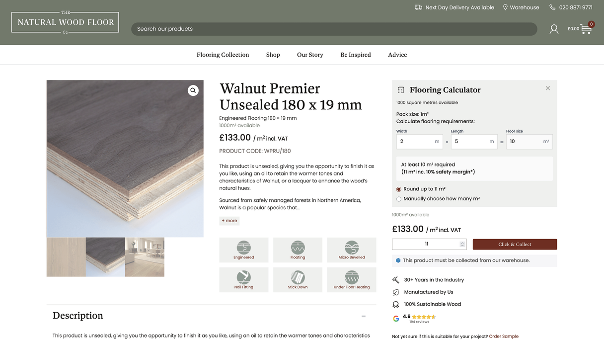 Natural Wood Floor Company product detail page on desktop