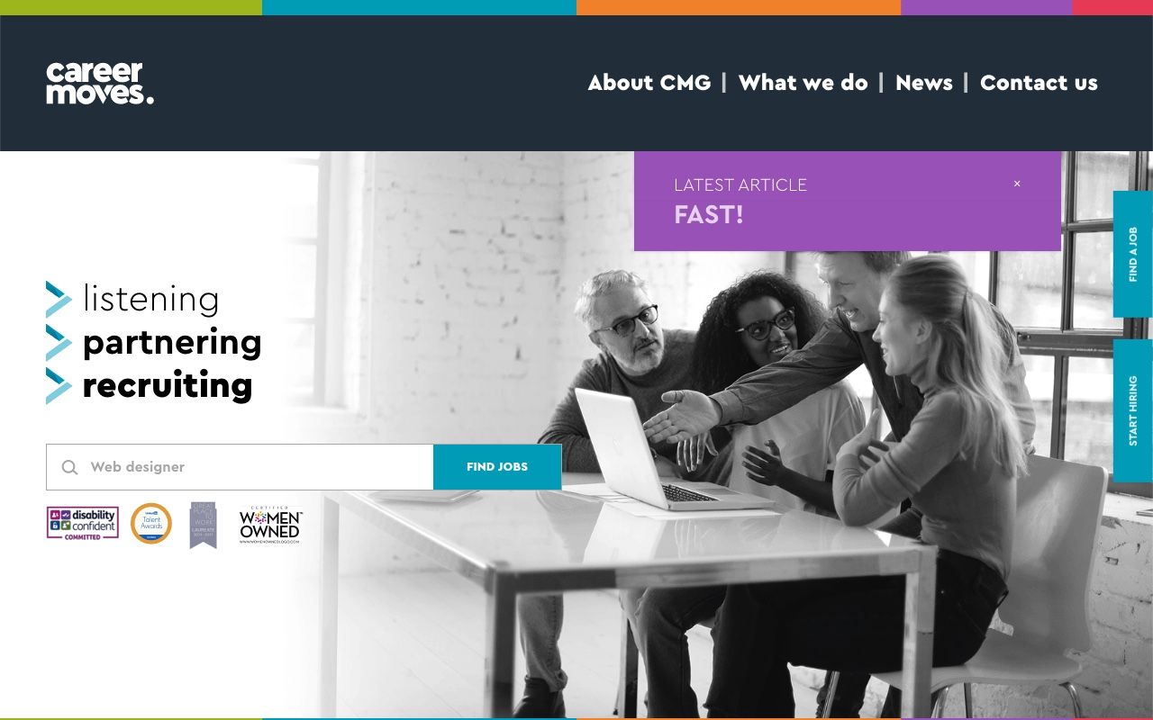 Career Moves Group website homepage showing job listings and recruitment services