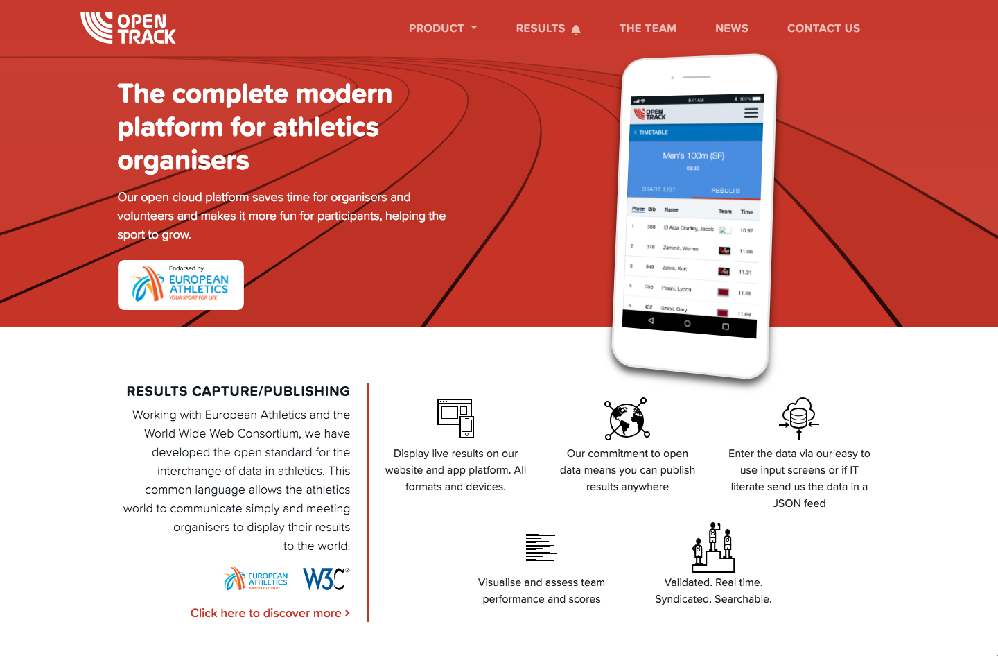 OpenTrack website homepage showing the brand identity and athletics management platform