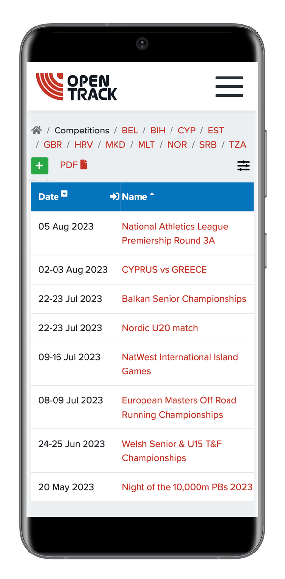 OpenTrack top competitions view on Samsung Galaxy